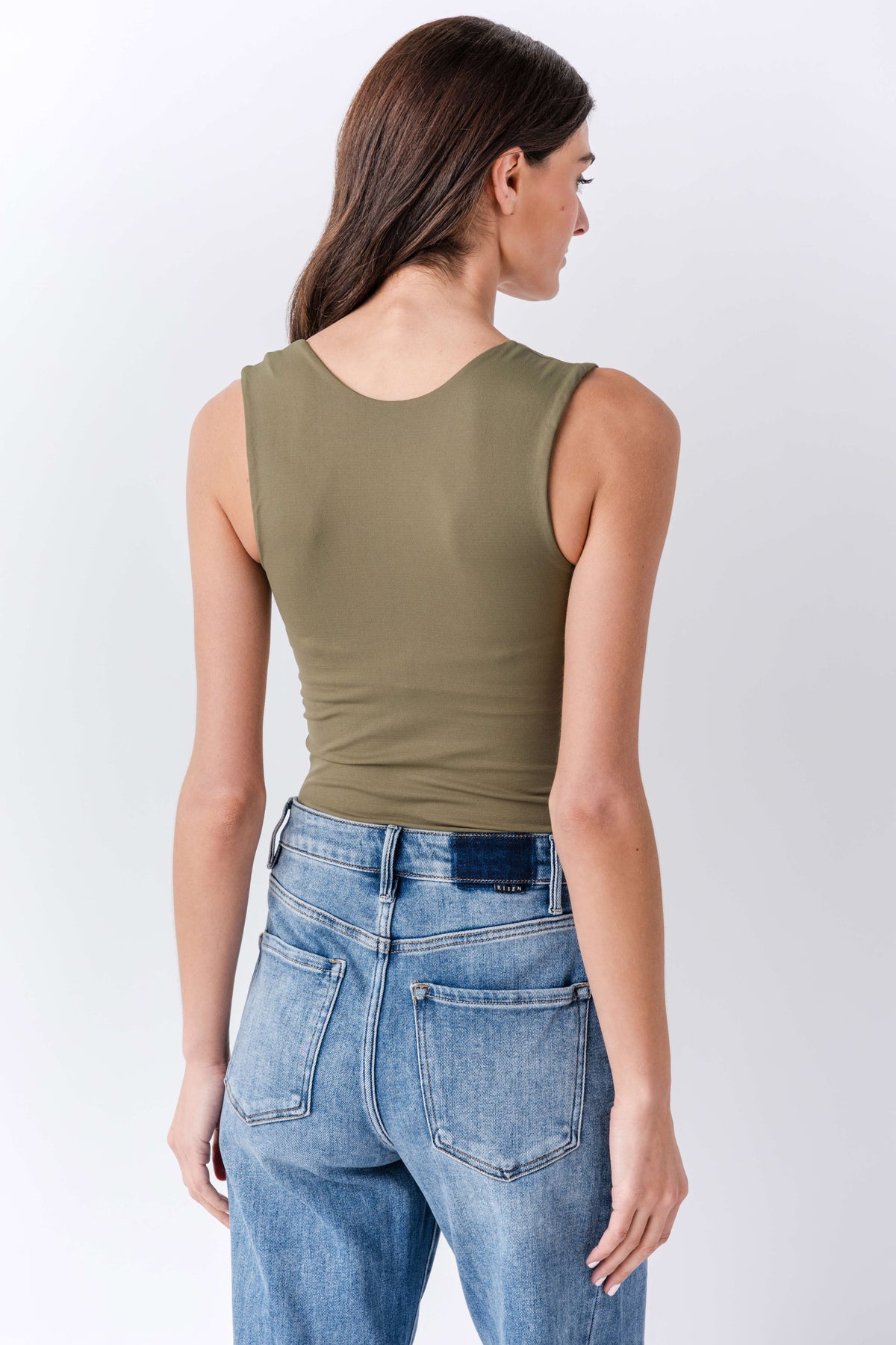 Olive green clean lines muscle cami tank back view, sleeveless and fitted