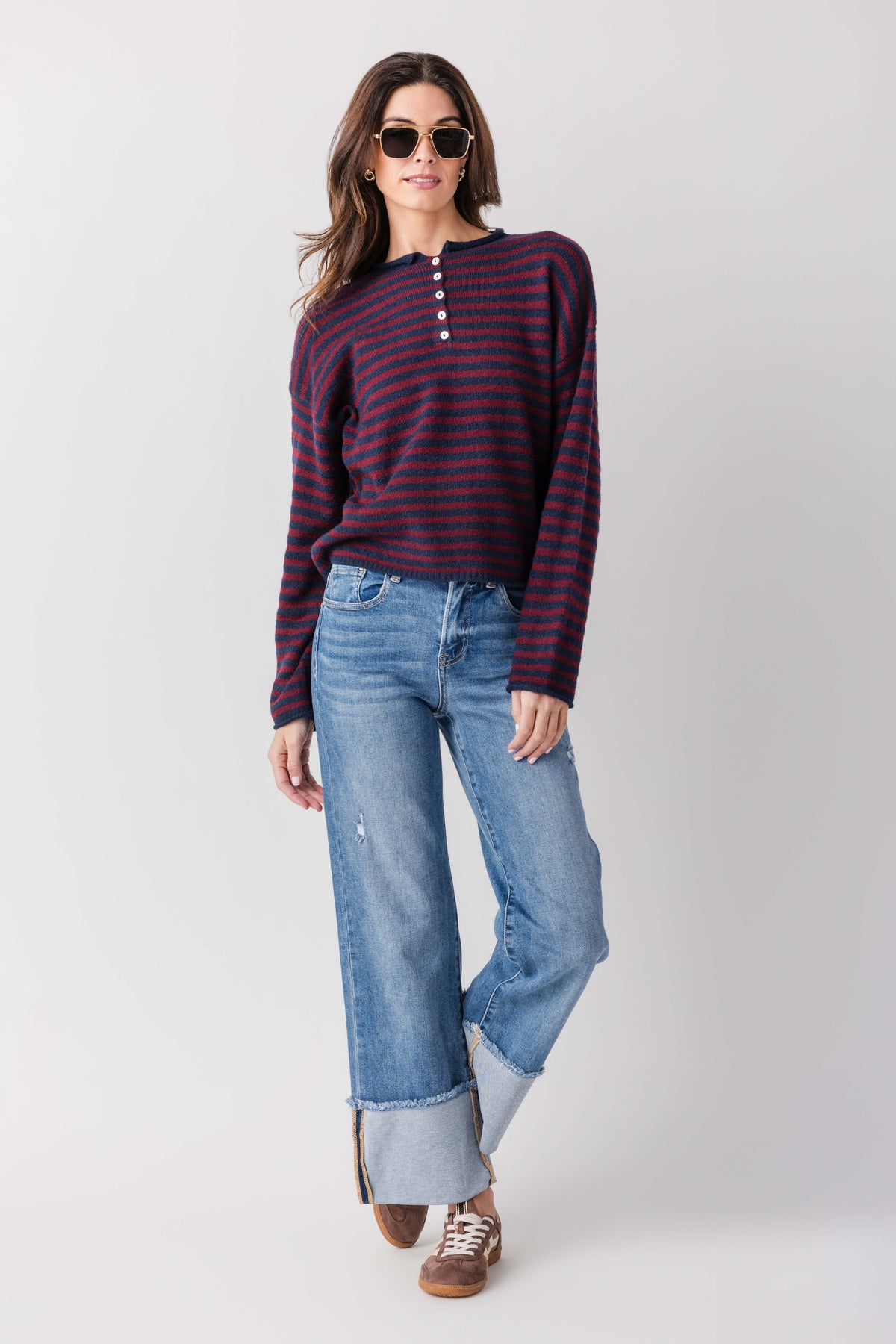 Striped henley pullover, navy and burgundy striped long sleeves with front buttons
