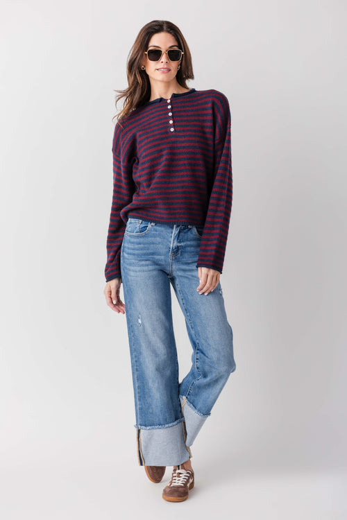 Striped henley pullover, navy and burgundy striped long sleeves with front buttons