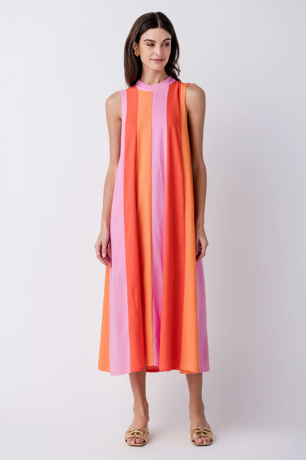Sleeveless colorblock midi dress with vertical orange and pink stripe panels.