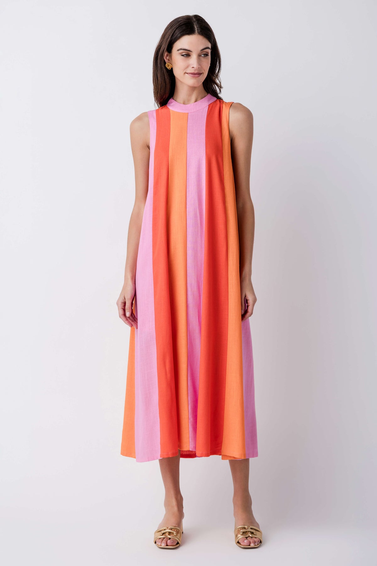 Sleeveless colorblock midi dress with vertical orange and pink stripe panels.