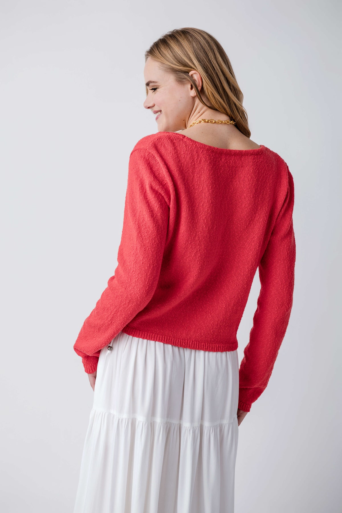 Tomato red cardigan back view with V-neck, long sleeves, and button placket