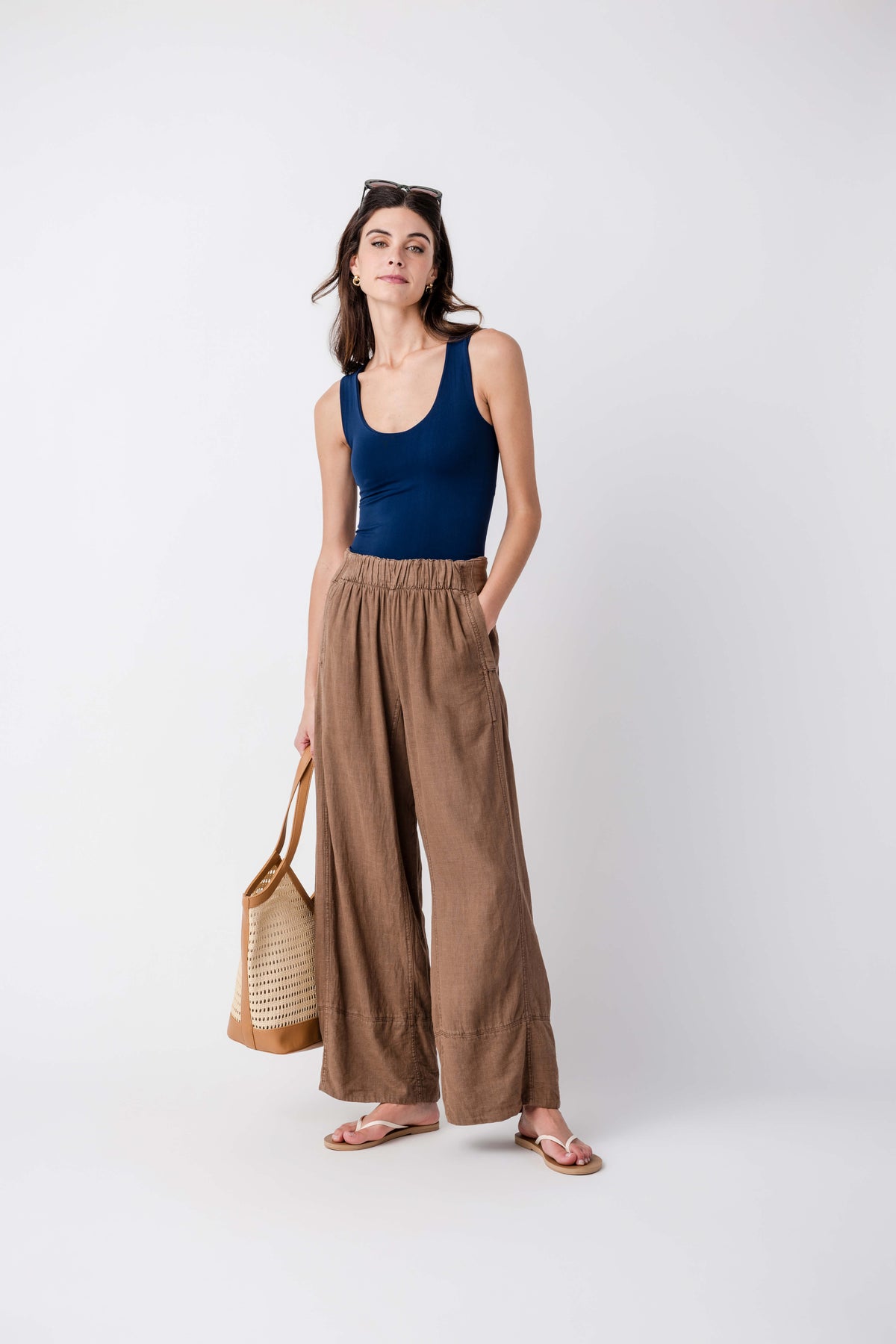 Navy scoop-neck muscle cami tank top, sleeveless fitted with clean lines