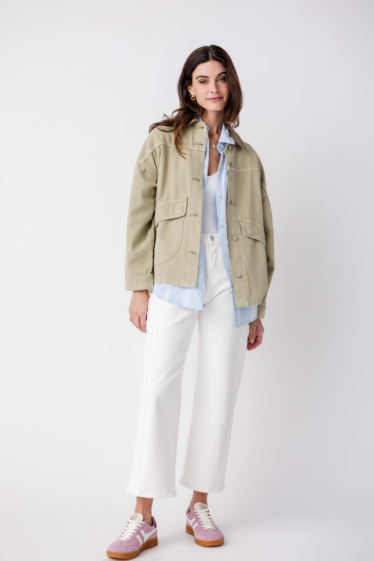 Washed sage denim jacket with button front and chest flap pockets