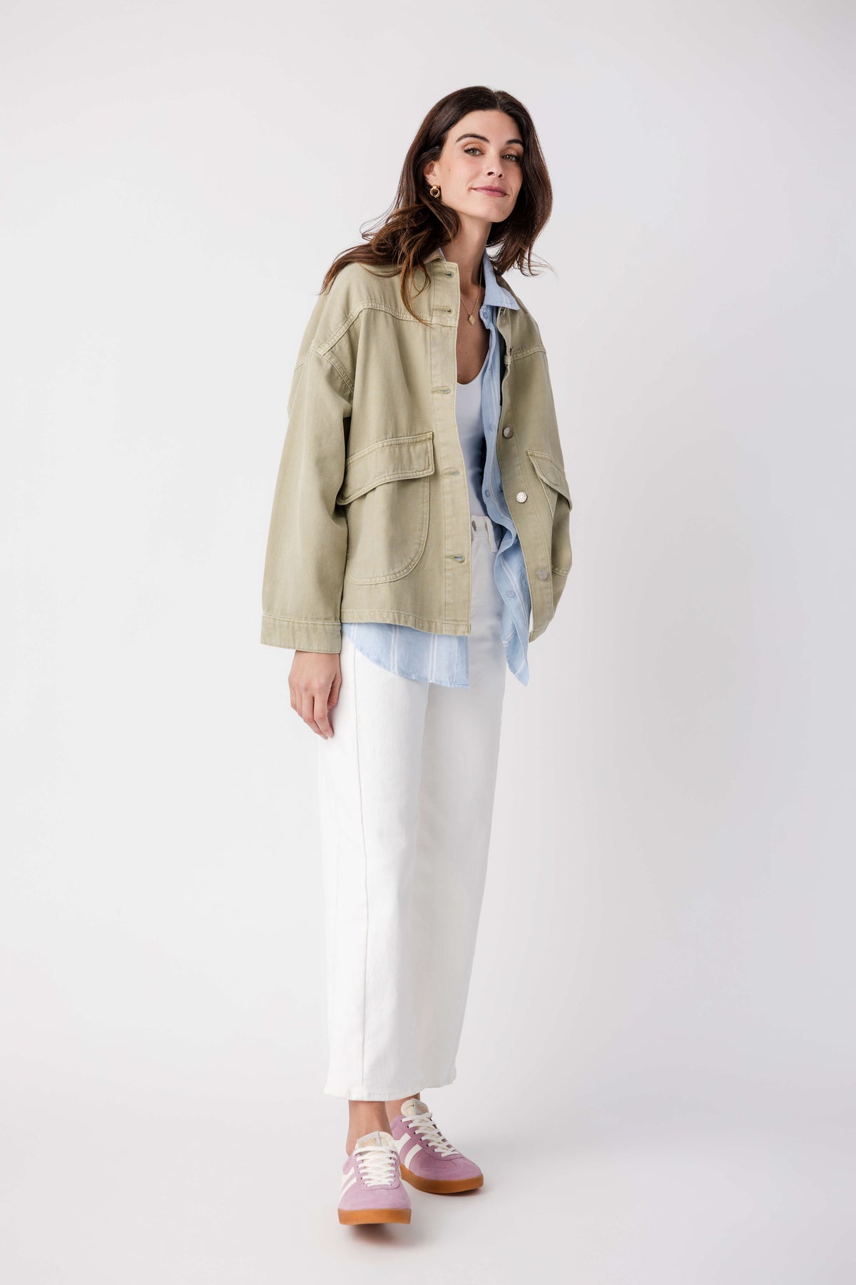Washed sage denim jacket, button front, patch pockets, side view