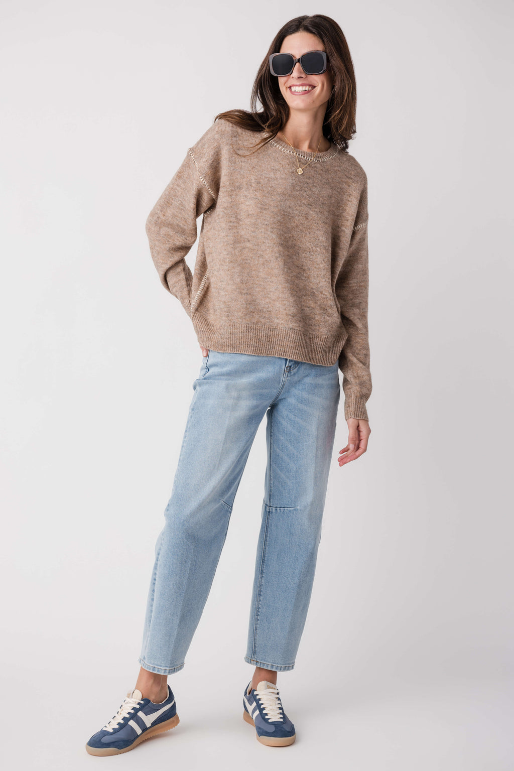 By Together contrast stitch sweater, heather tan knit with crew neck and contrast trim