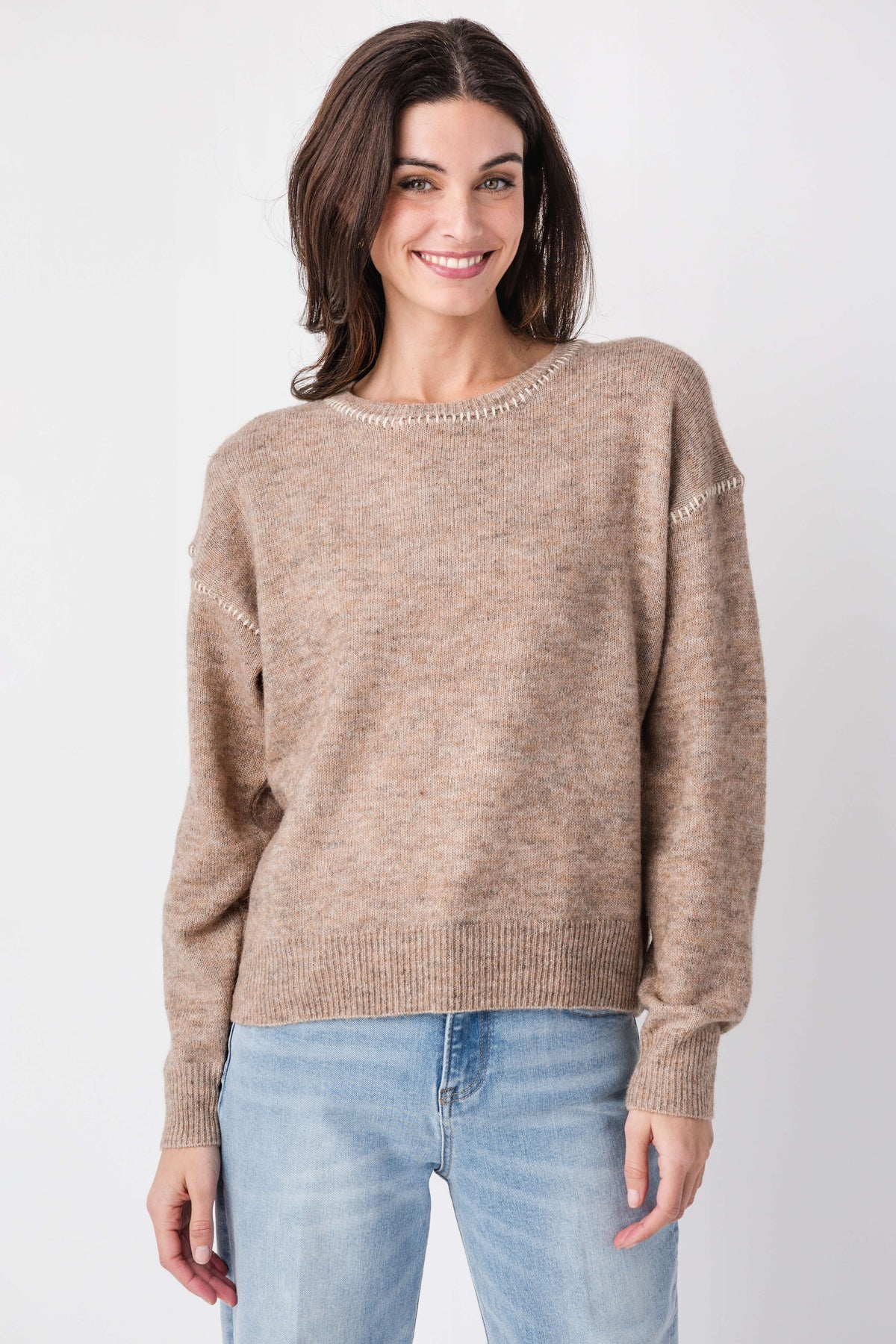 By Together contrast stitch sweater, heather tan knit with contrast stitch details at neckline