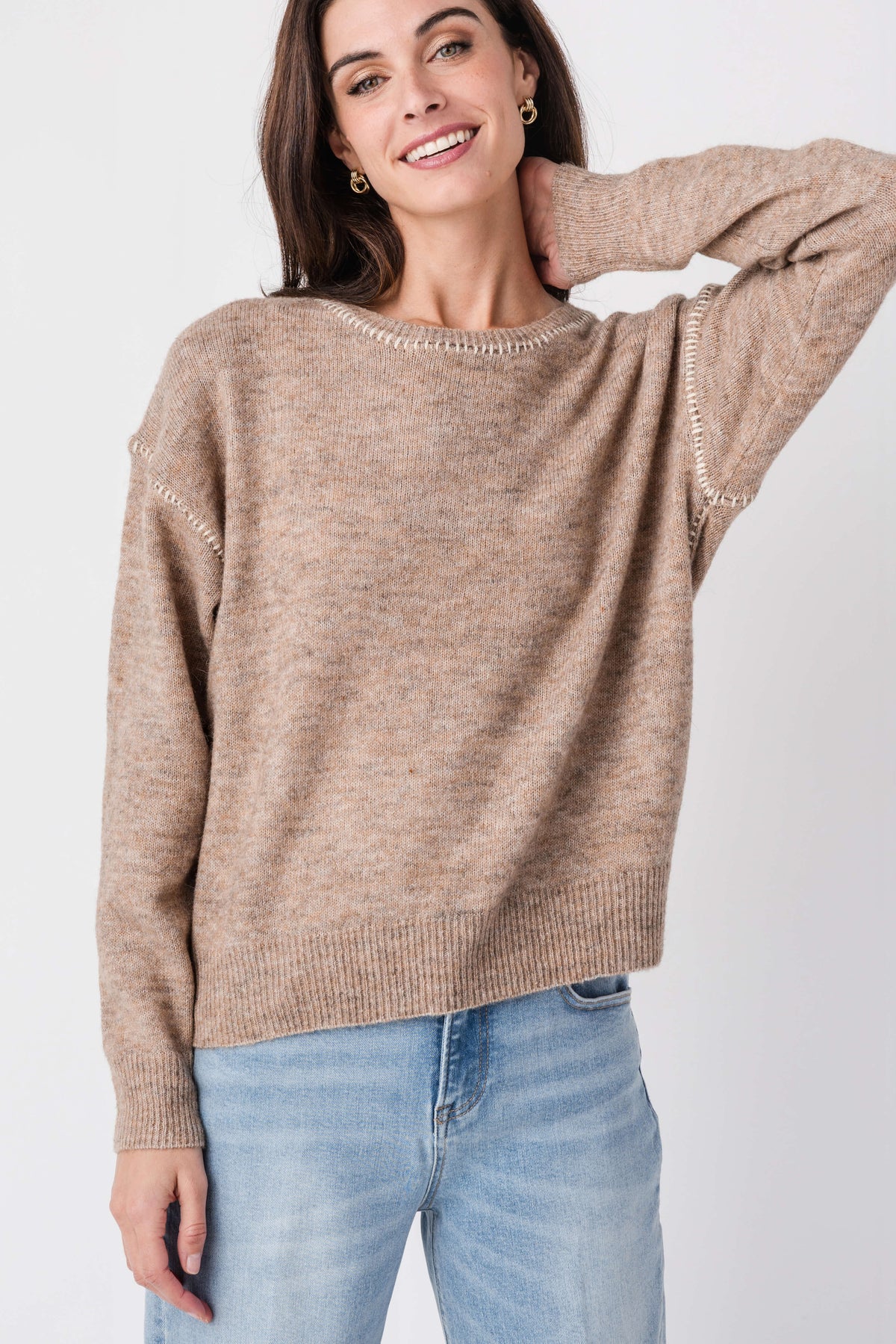 By Together contrast stitch sweater, heather tan knit with contrast-trim crew neck and cuffs