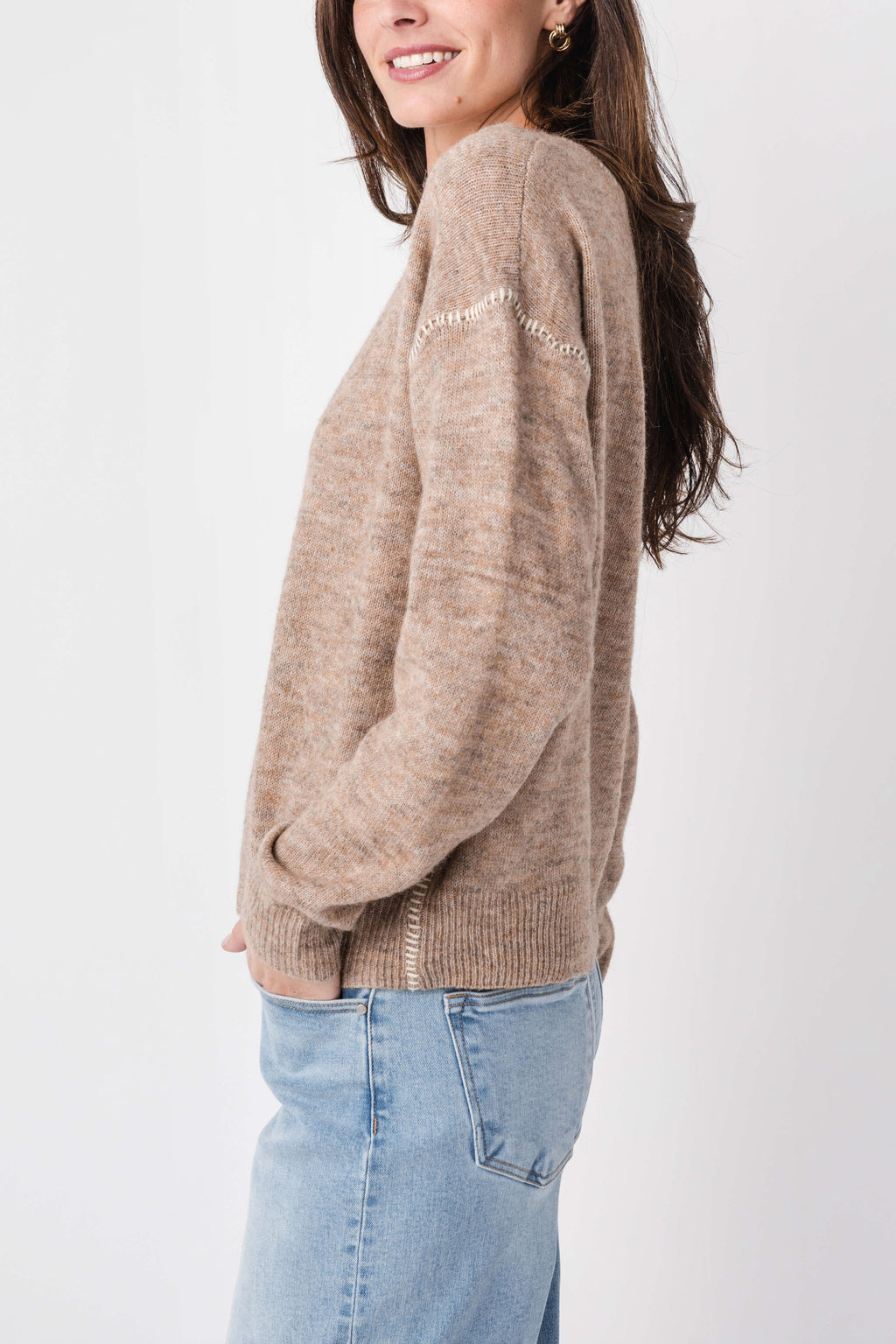 By Together contrast stitch sweater, heather tan knit with contrast trim at crew neck and cuffs
