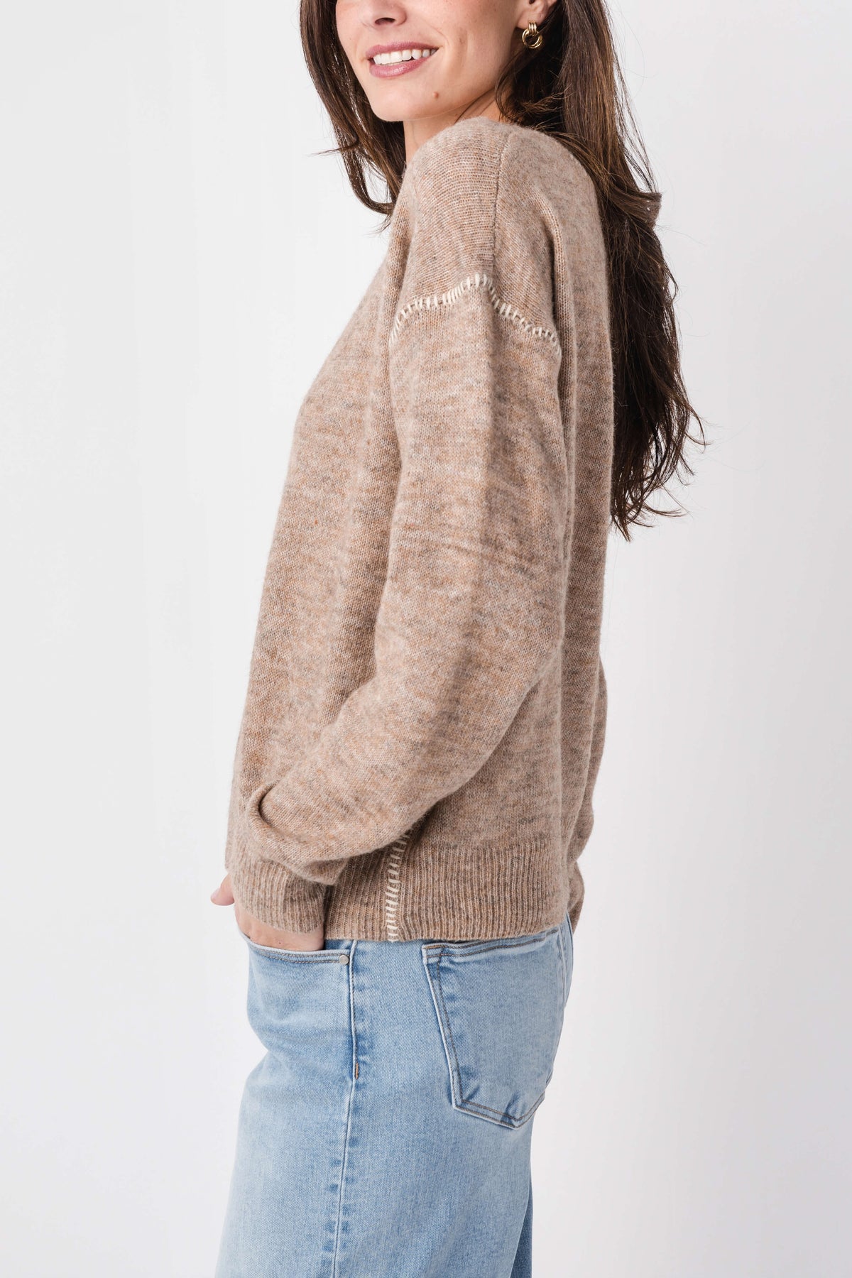By Together contrast stitch sweater, heather tan knit with contrast trim at crew neck and cuffs