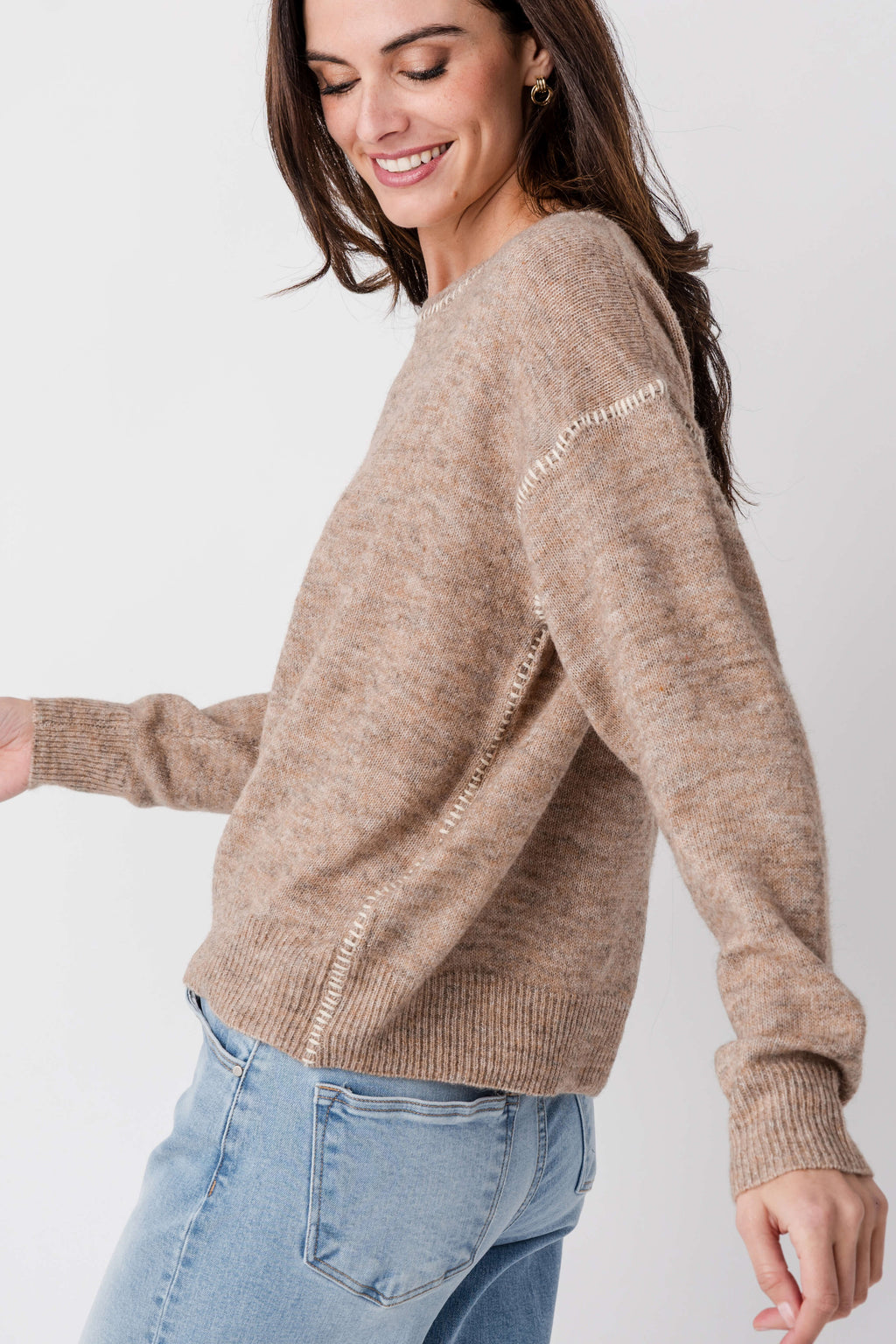 By Together contrast stitch sweater, heather tan knit with contrast trim on sleeves and hem
