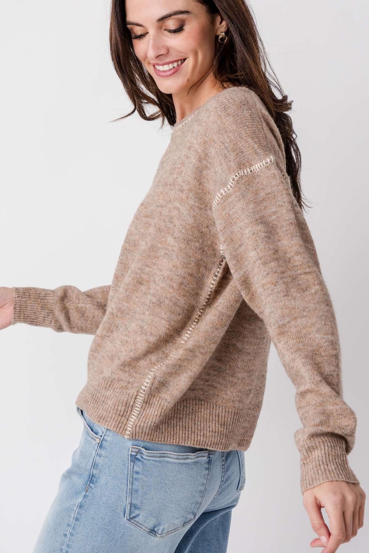 By Together contrast stitch sweater, heather tan knit with contrast trim on sleeves and hem