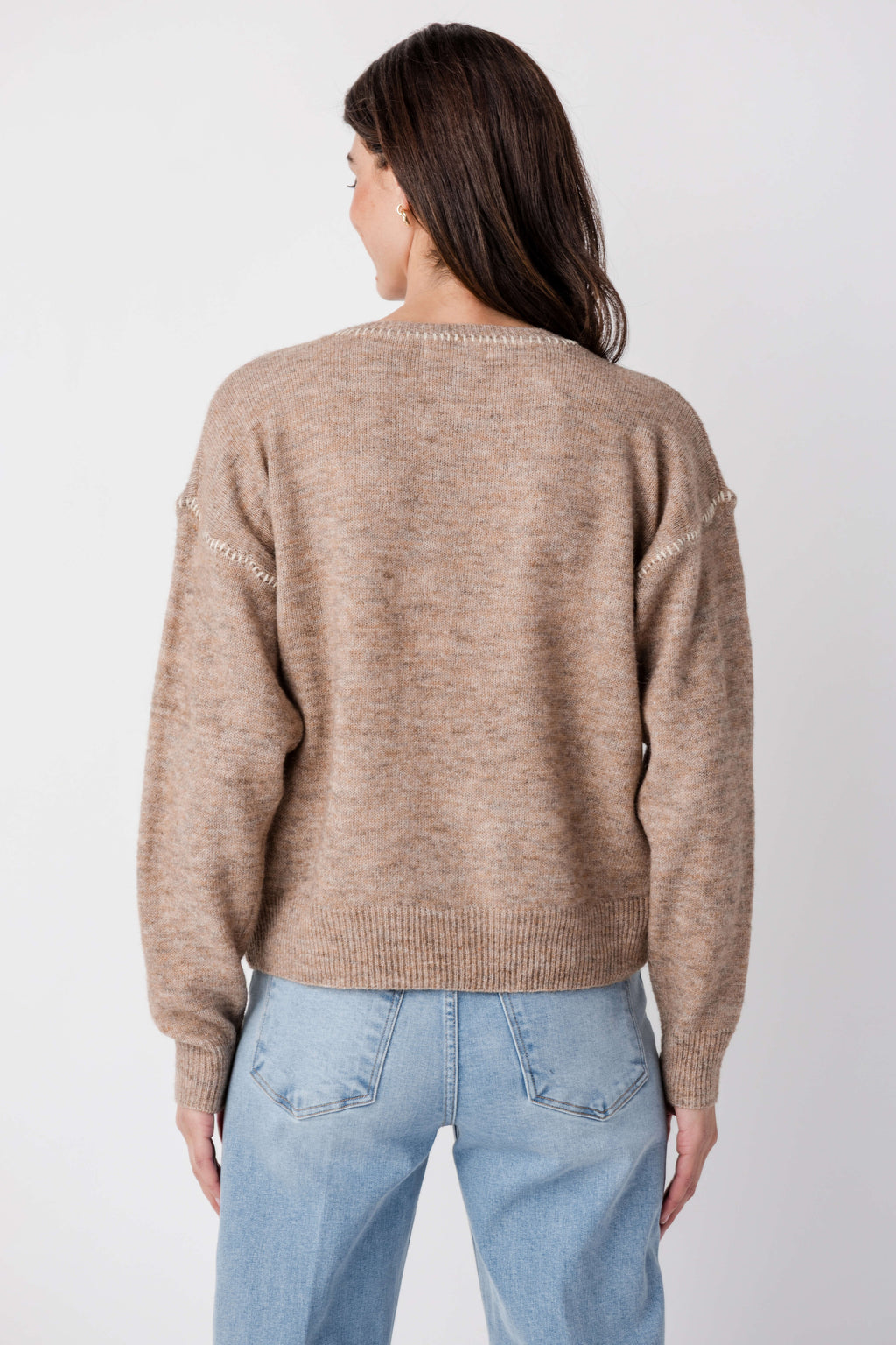 By Together contrast stitch sweater, heather tan knit, back view with dotted contrast trim