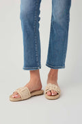 Natural woven slide sandals with open toe and braided cross straps
