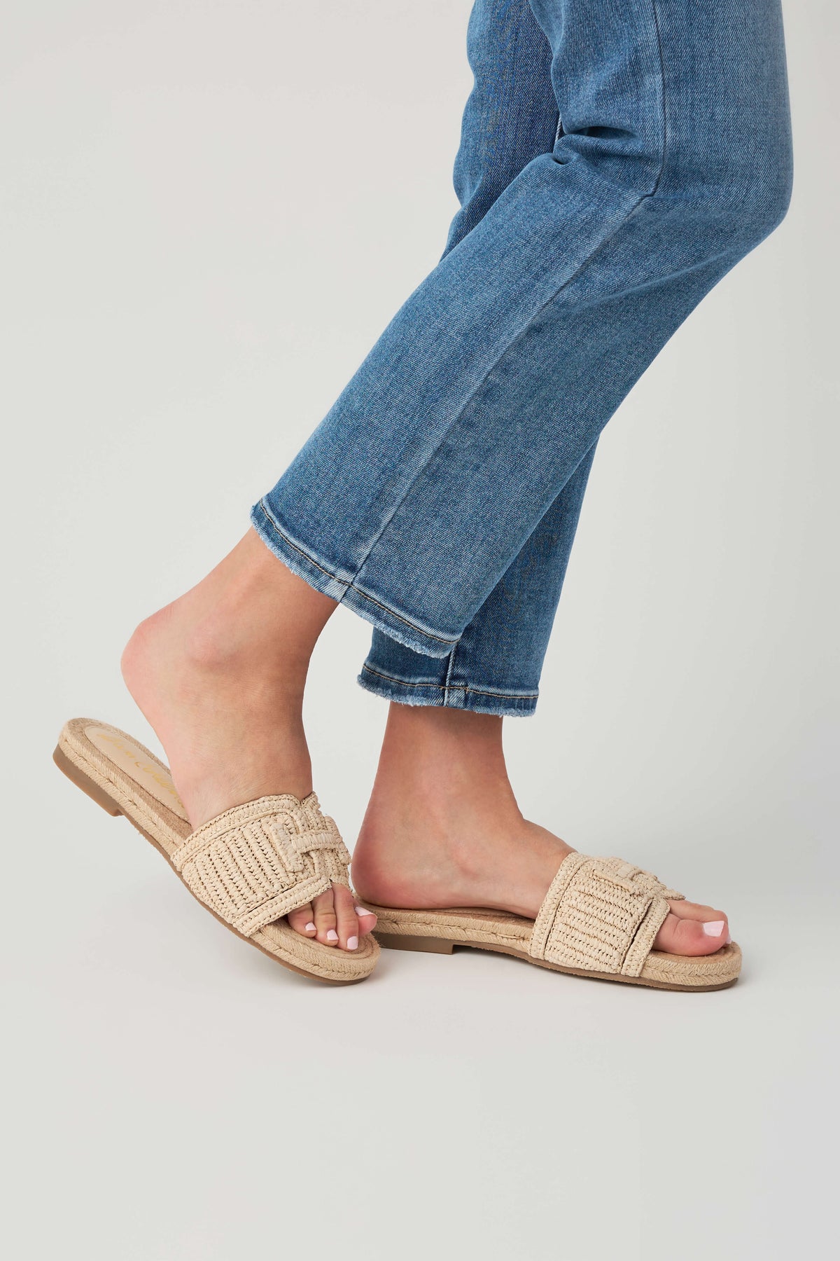 Natural woven slide sandals, open toe, adjustable strap detail