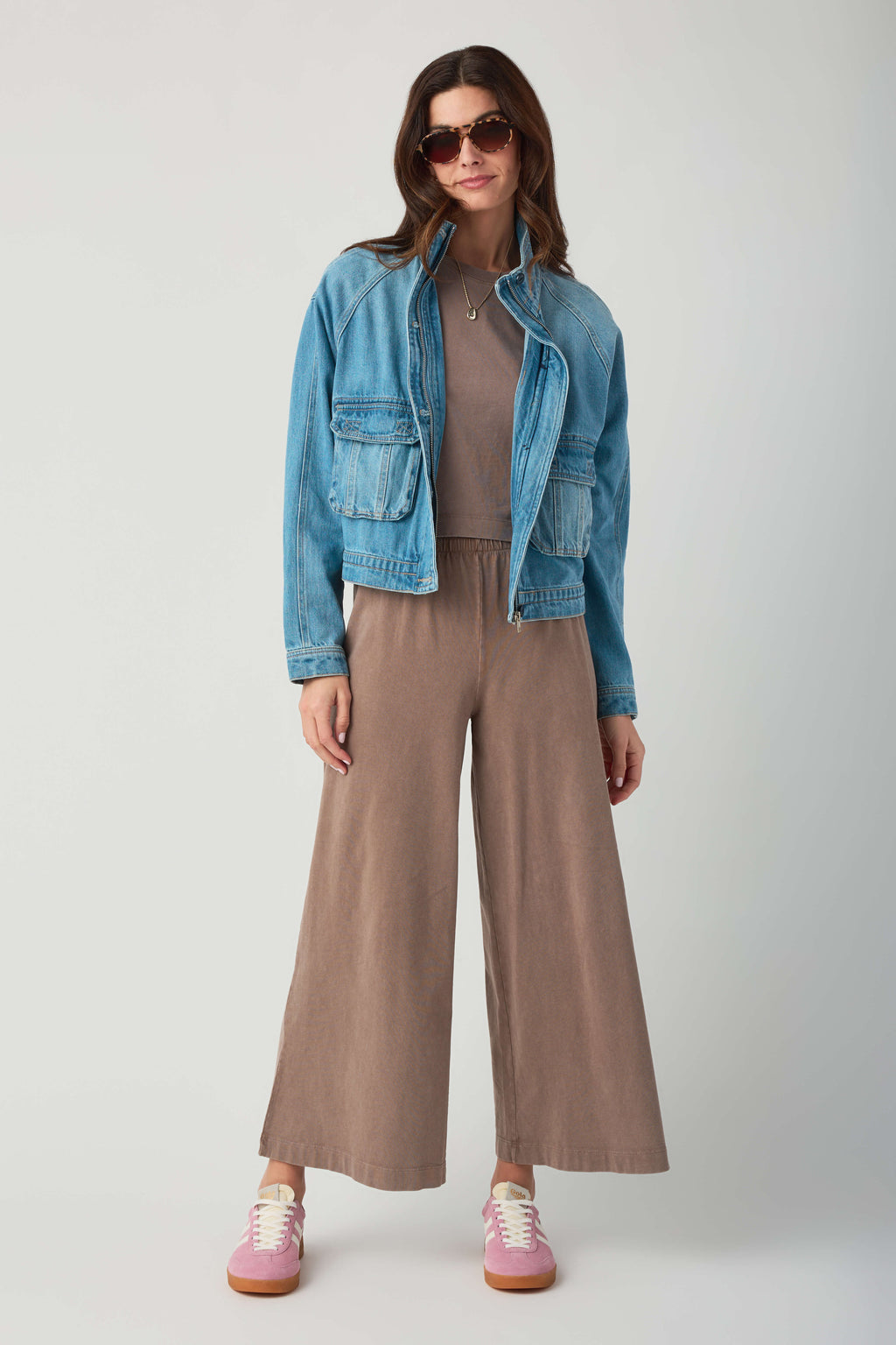 Jersey crop flare pants in perfectly taupe, elastic waistband, wide-leg crop.