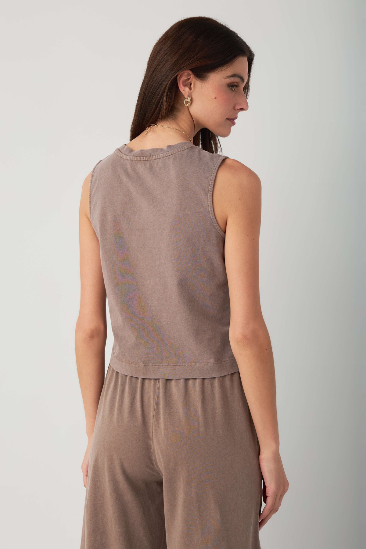 Taupe jersey muscle tank with crew neck, sleeveless back view