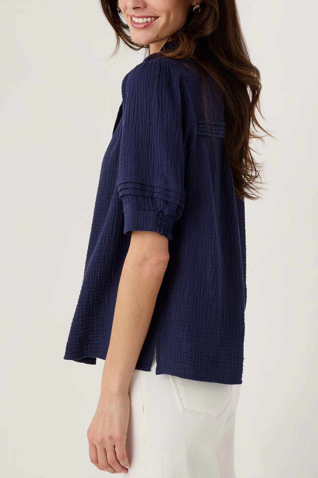 Navy gauze short sleeve top with ruffled stand collar and loose puff sleeves