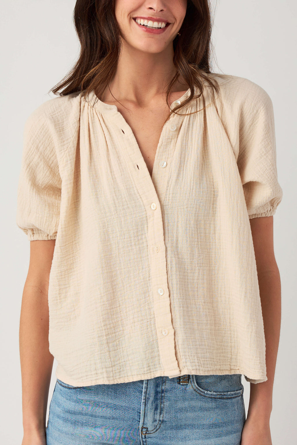 Natural gauze button-up top with partial button placket and puff sleeves