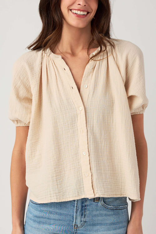 Natural gauze button-up top with partial button placket and puff sleeves