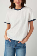 White slub ringer tee with navy trim, short sleeves and crew neckline