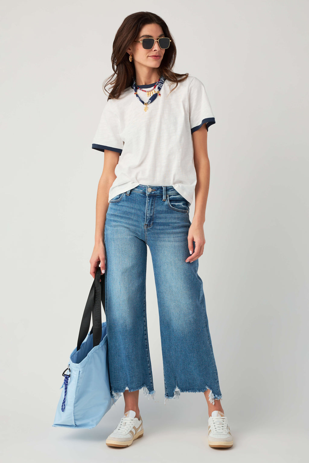 White slub ringer tee with navy trim, crew neck and short sleeves