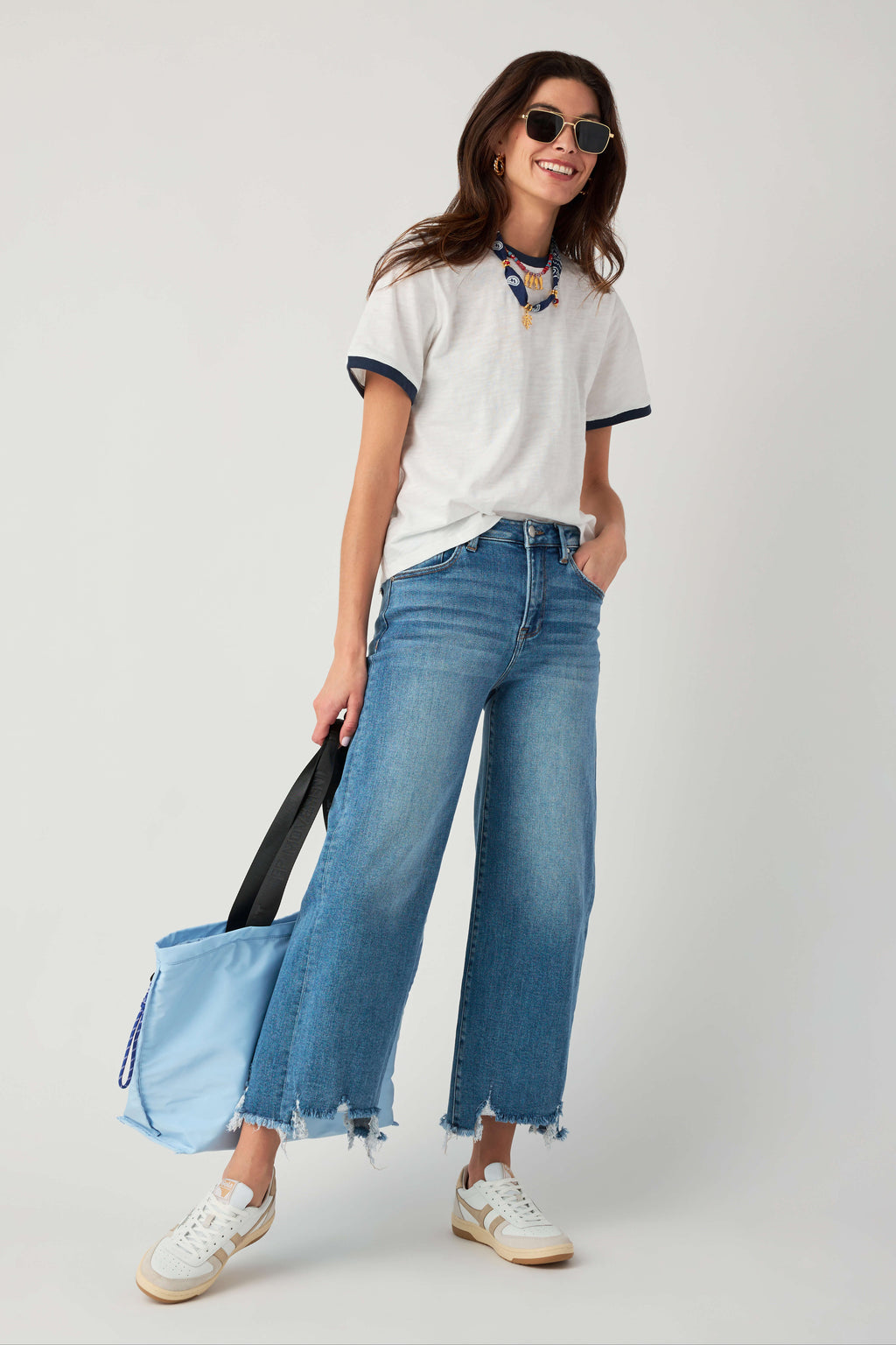 White slub ringer tee with navy trim, front view crew neck and short sleeves
