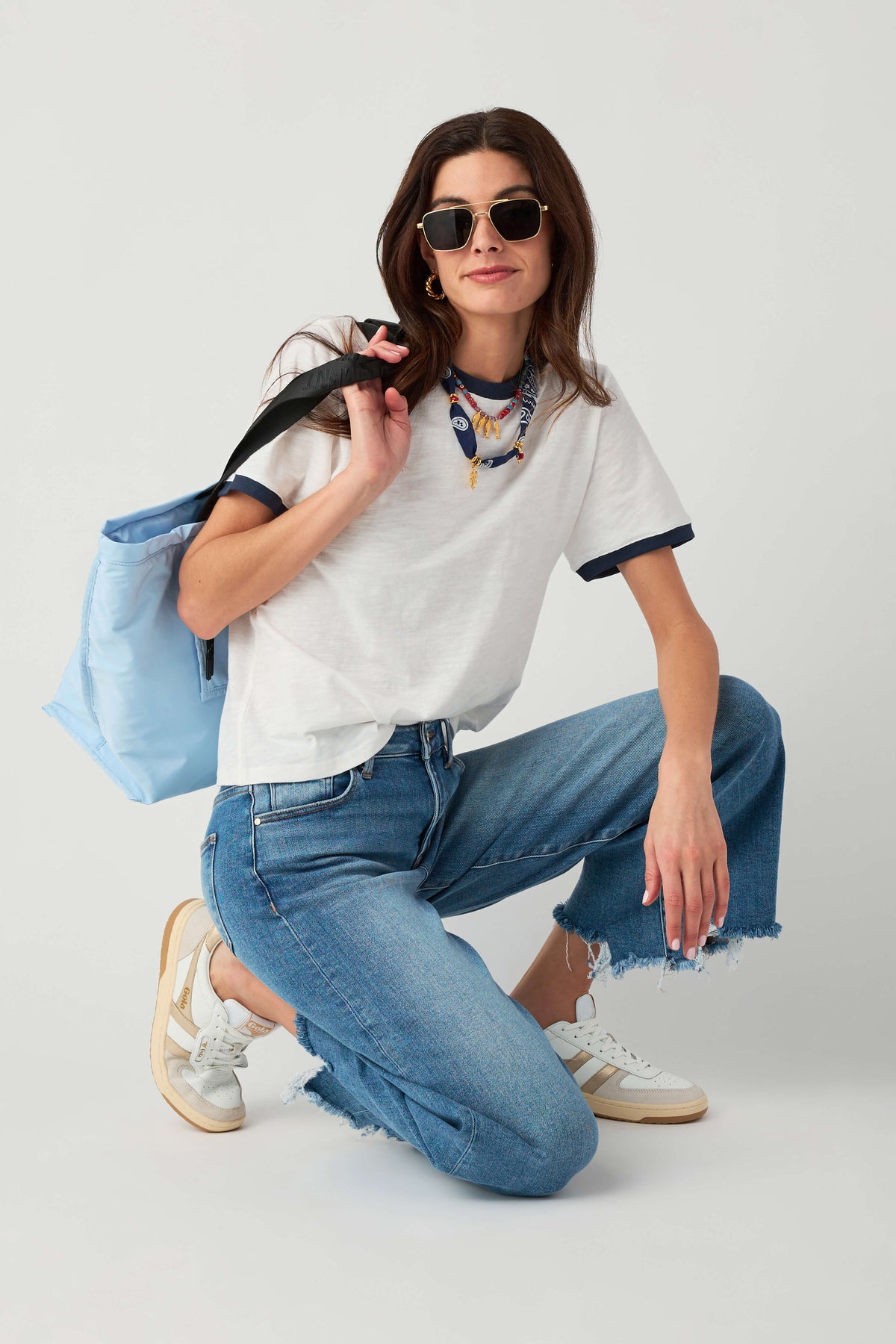 White slub ringer tee with navy trim, close front view and crew neckline