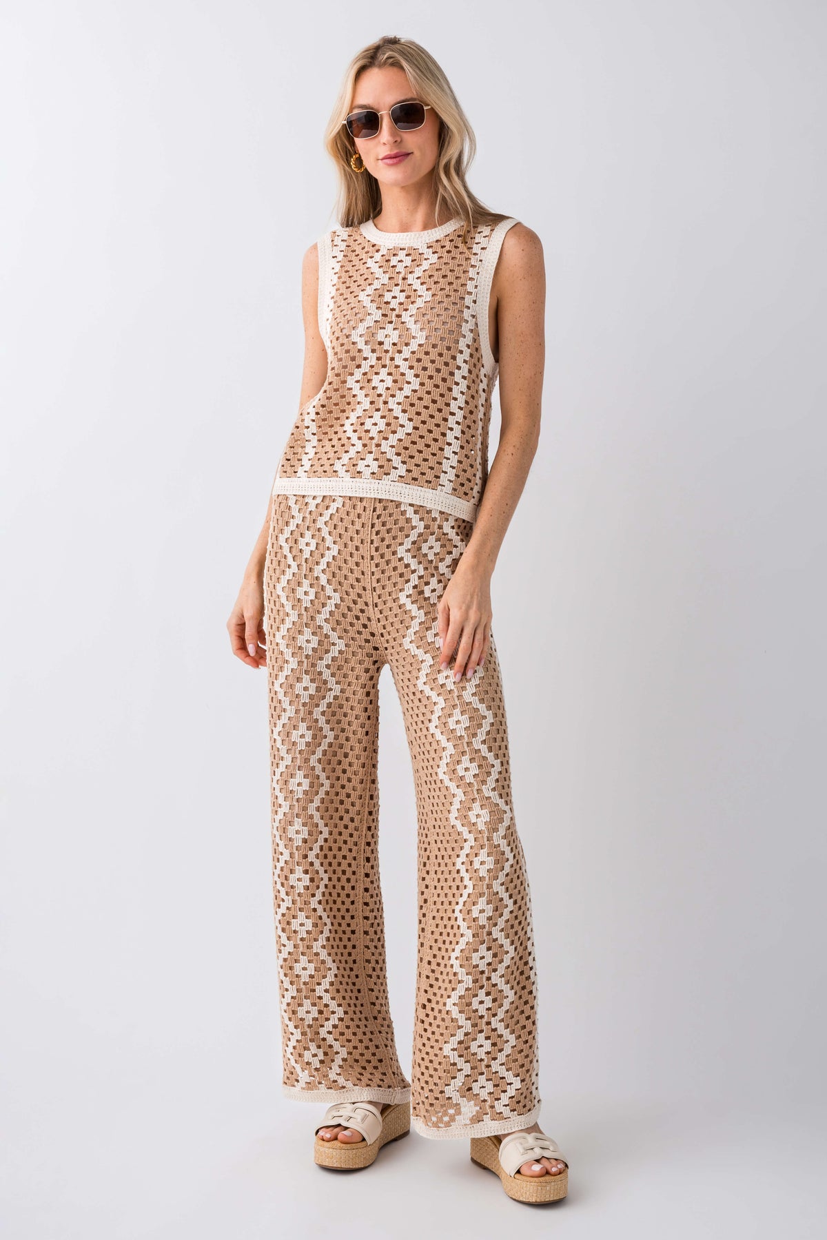 Natural crochet lace-look pants with allover zigzag pattern, wide-leg fit