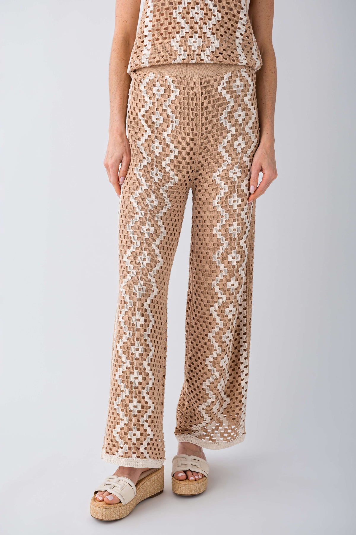 Natural wide-leg crochet pants with zigzag lattice pattern and elastic waist