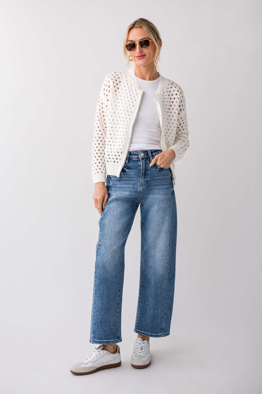 High-rise barrel jeans in medium wash blue, straight wide-leg cut