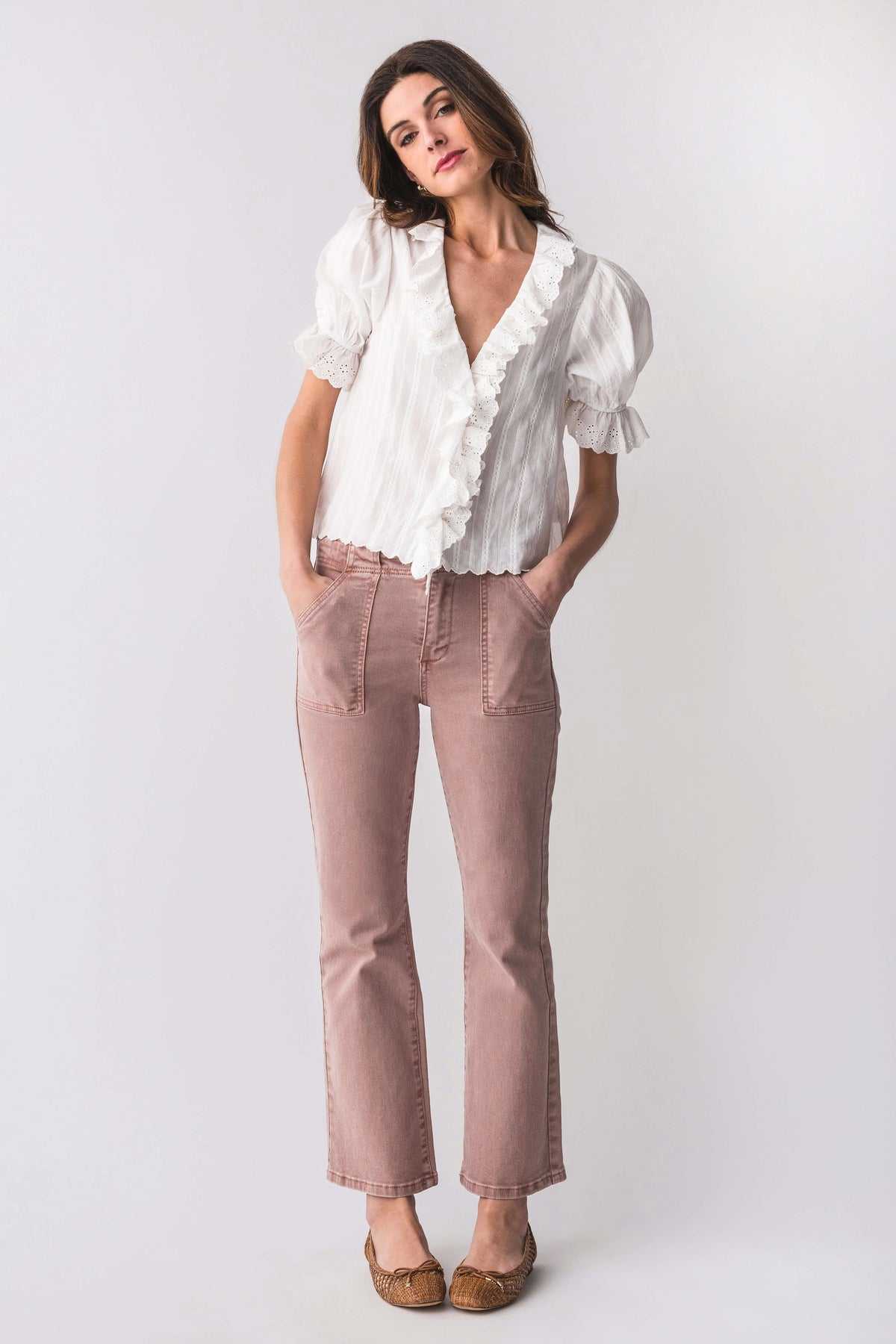 Mauve ankle flare jeans with five-pocket styling and ankle-length hem