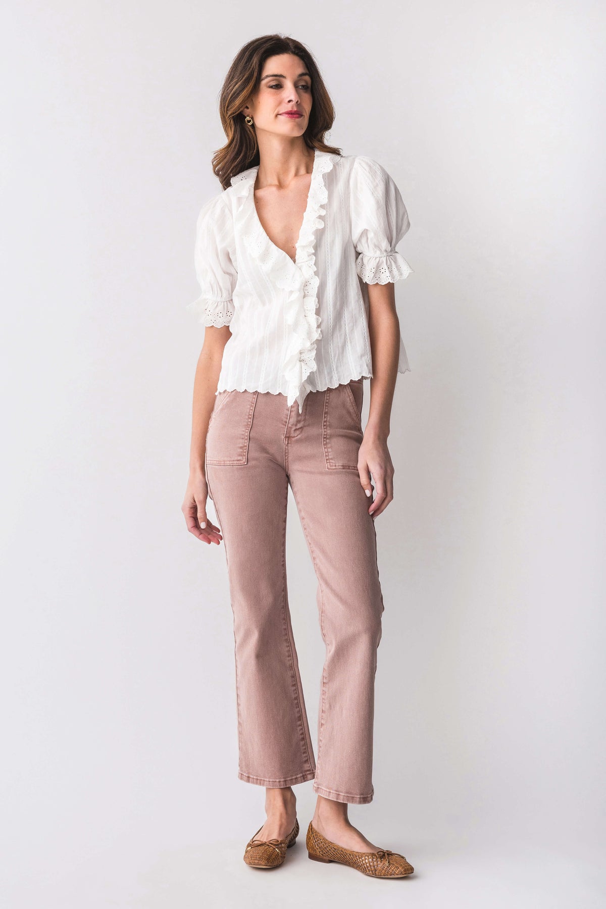 Mauve ankle flare jeans with button waistband and cropped flare leg