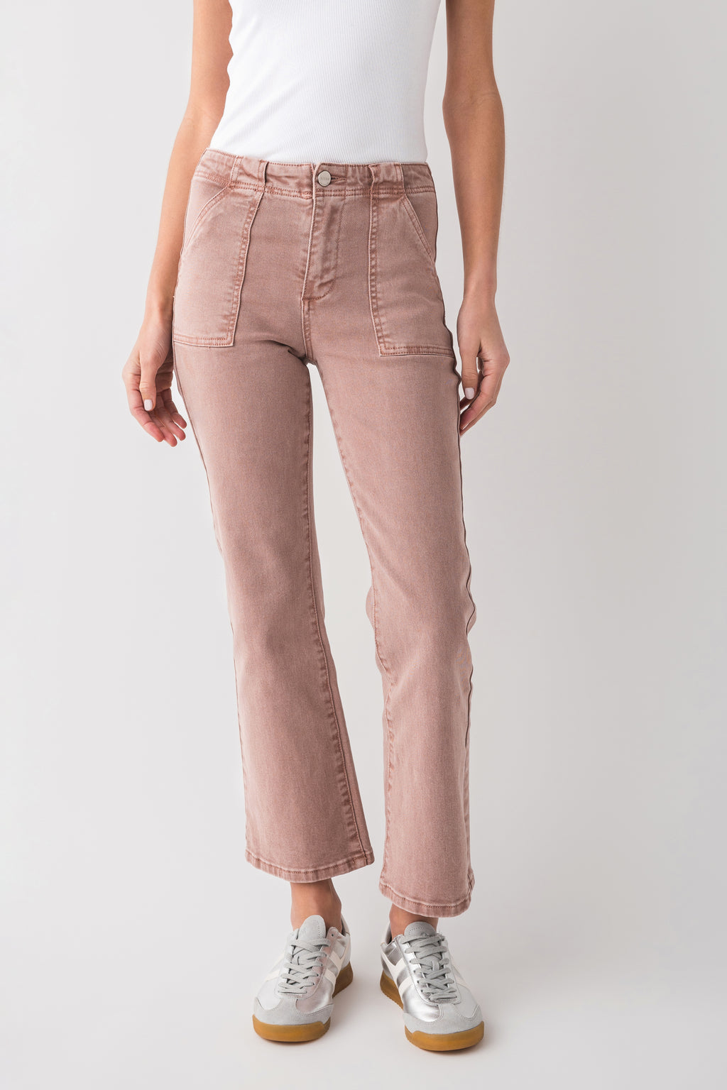 Mauve ankle flare jeans with front patch pockets and straight-to-flare hem