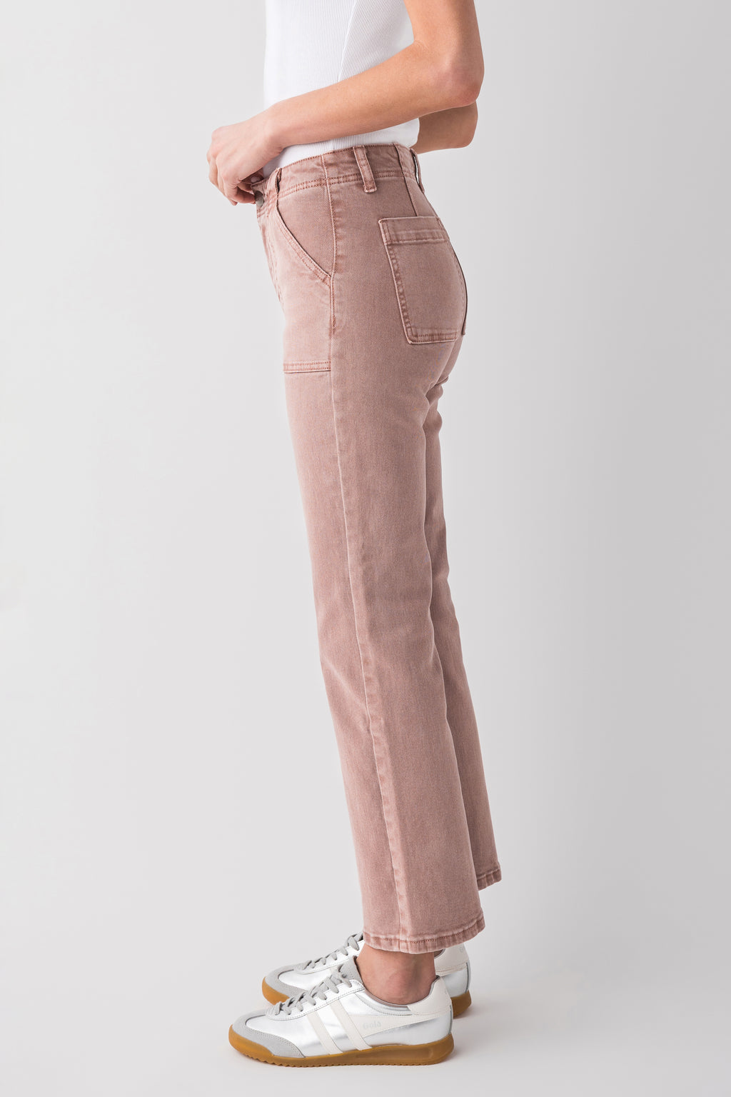 Mauve ankle flare jeans with contrast stitching, front patch pockets, button waistband