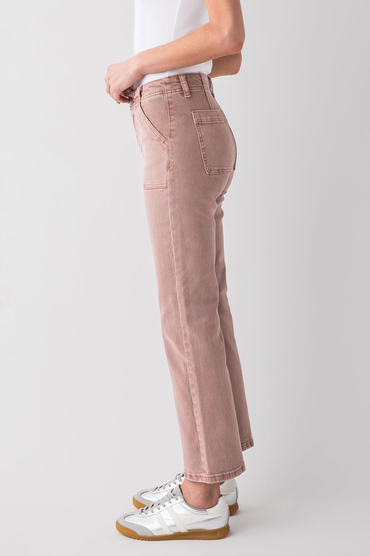 Mauve ankle flare jeans with contrast stitching, front patch pockets, button waistband
