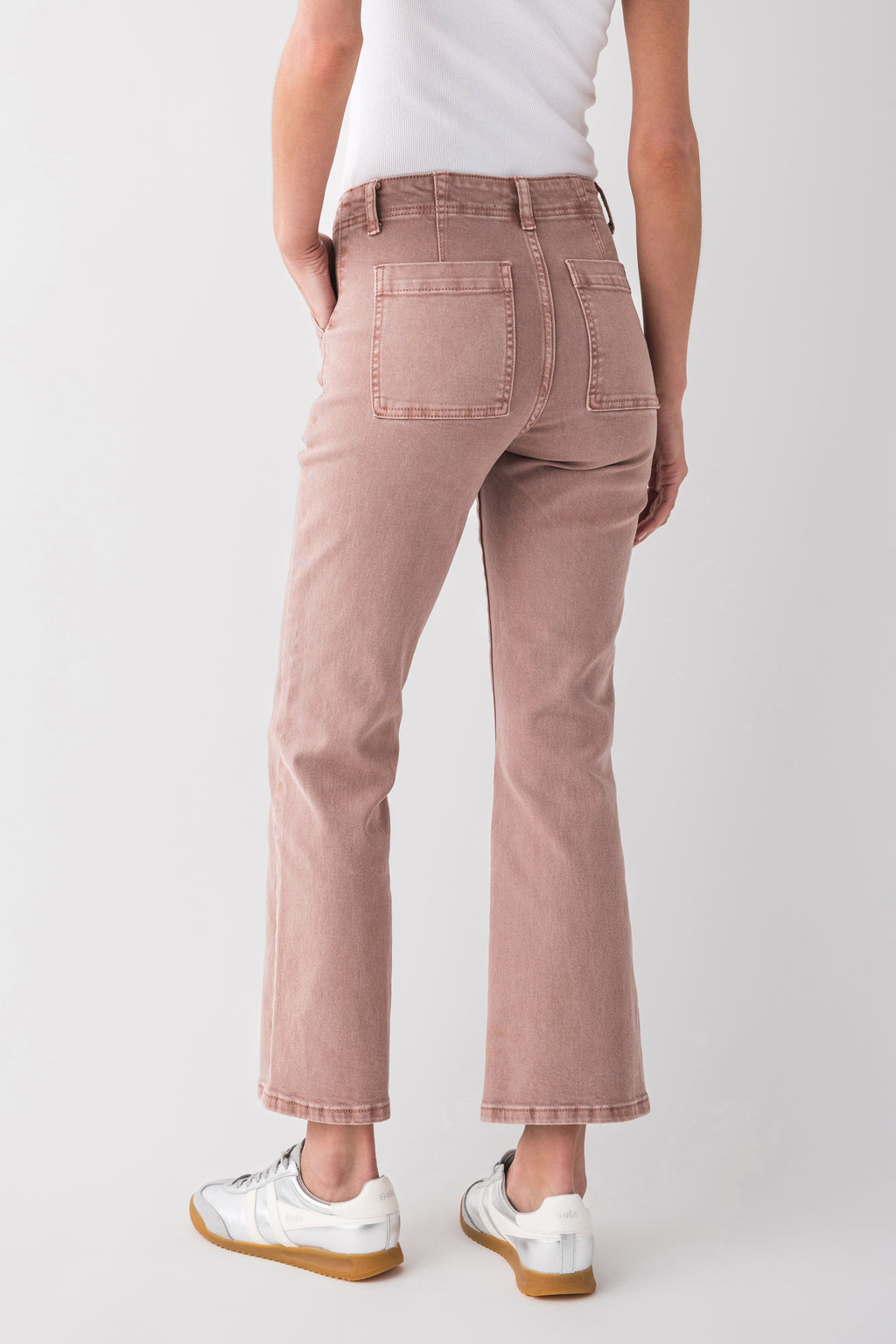 Mauve ankle flare jeans with back yoke seam and belt loops