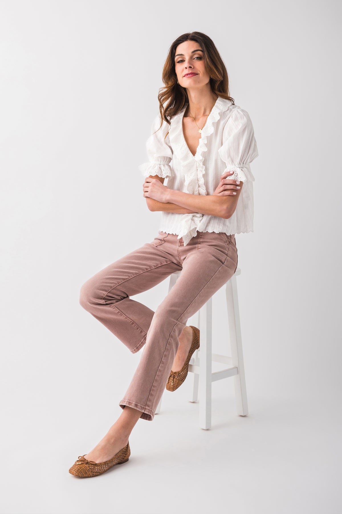 Mauve ankle flare jeans with relaxed bootcut leg and front button waistband