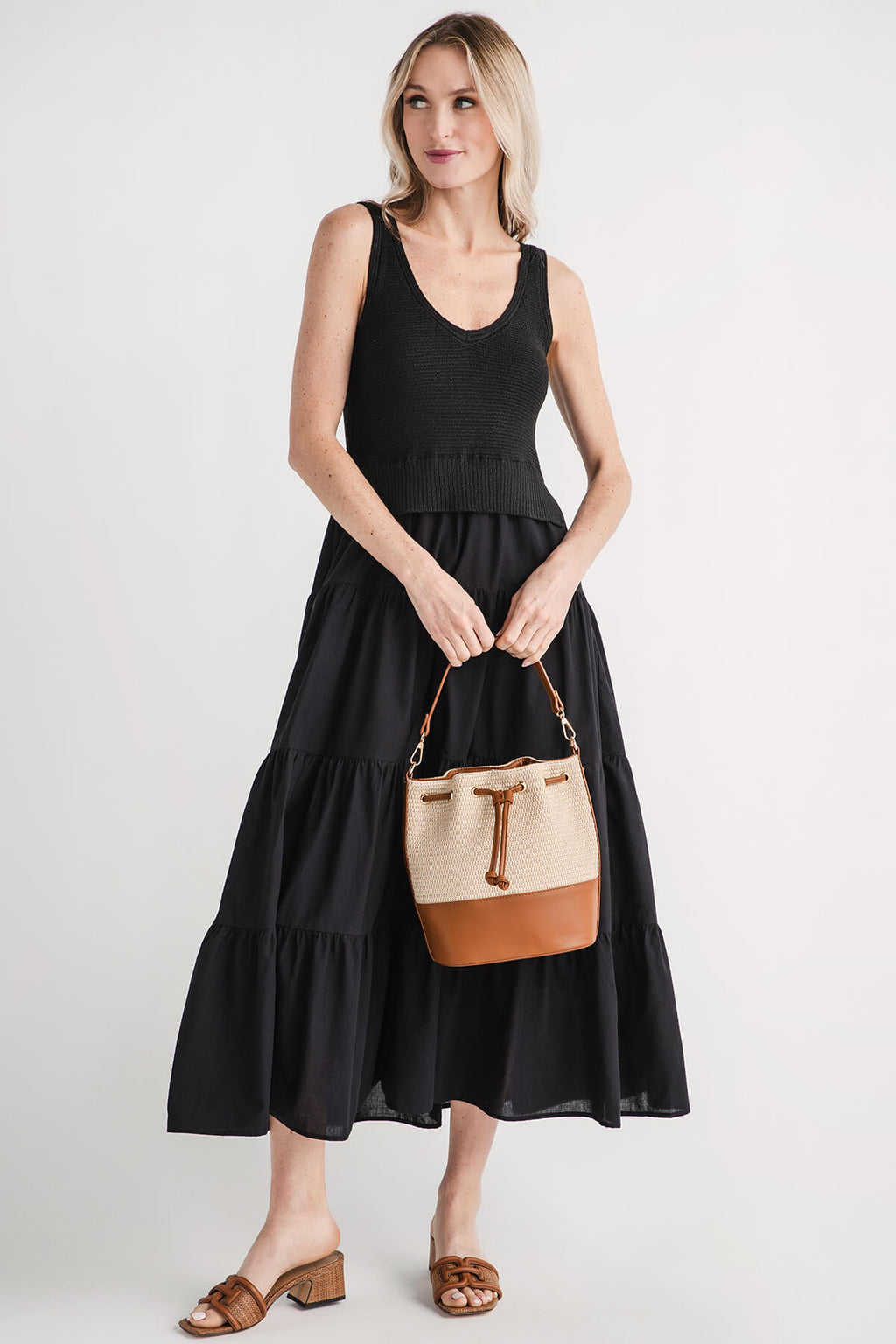 Black sleeveless tiered maxi dress with scoop neckline