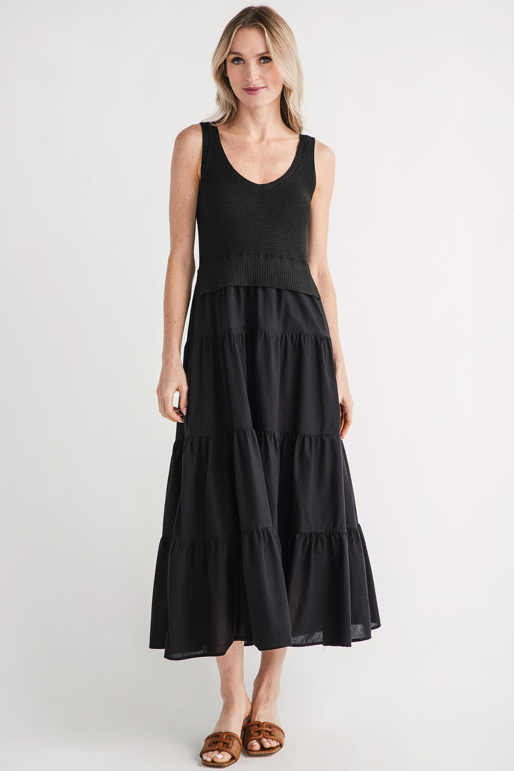 Black sleeveless tiered maxi dress with smocked waist seams