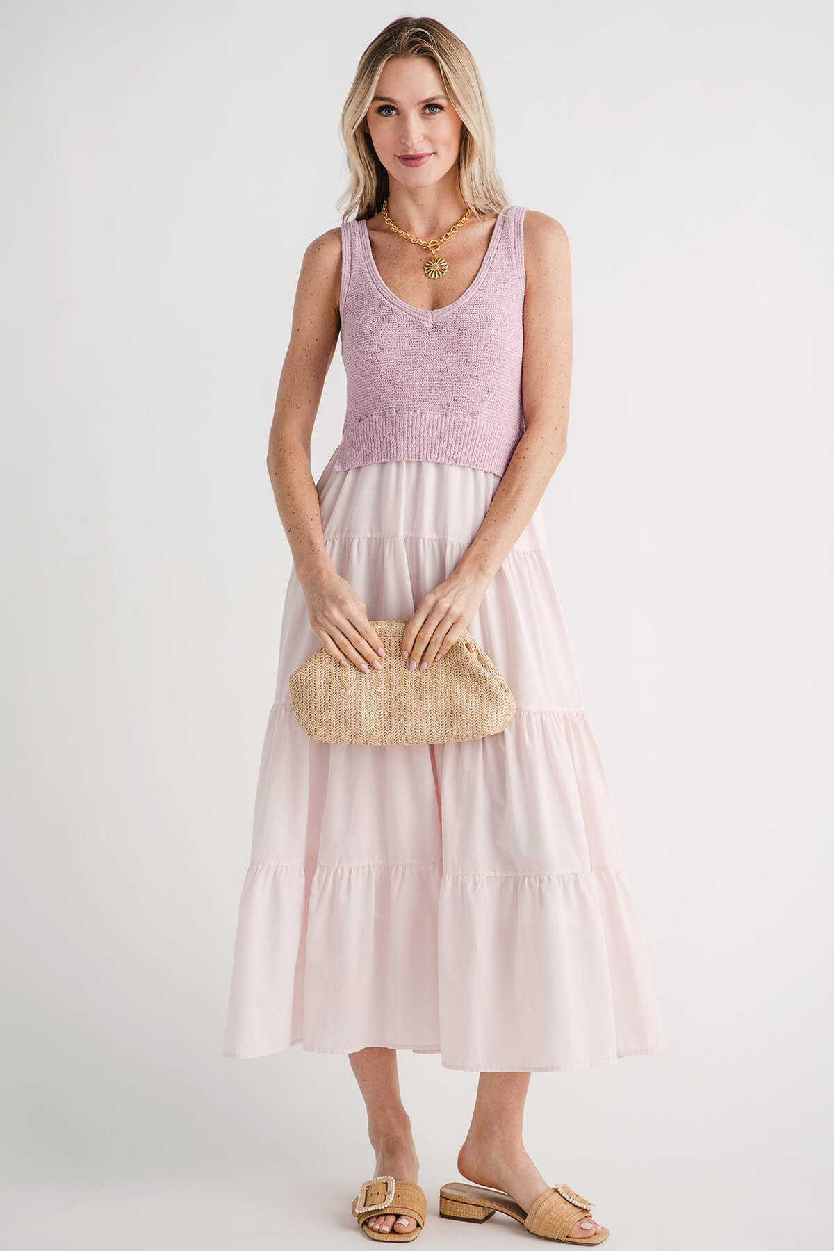 Lilac knit sleeveless maxi dress with tiered light skirt