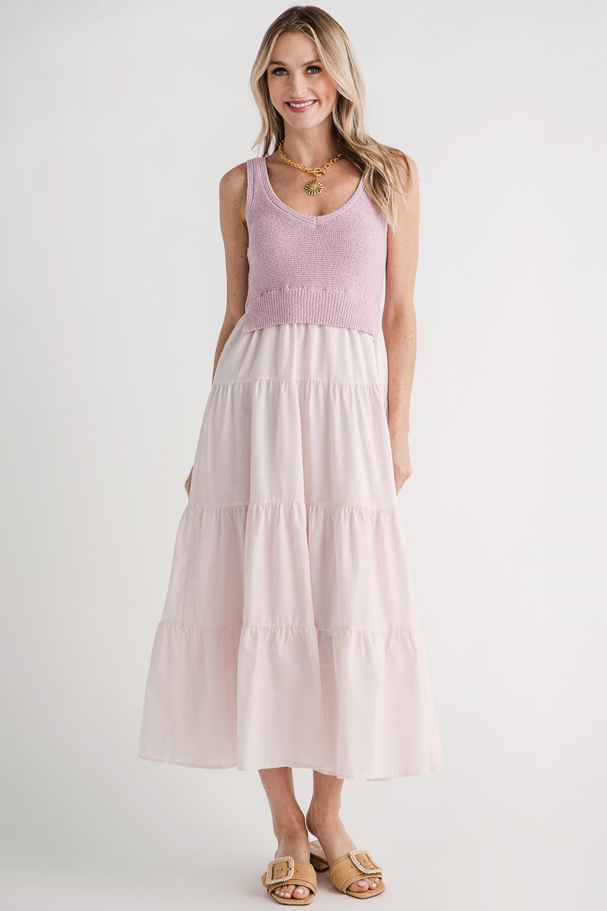 Lilac knit sleeveless maxi dress with tiered pale skirt