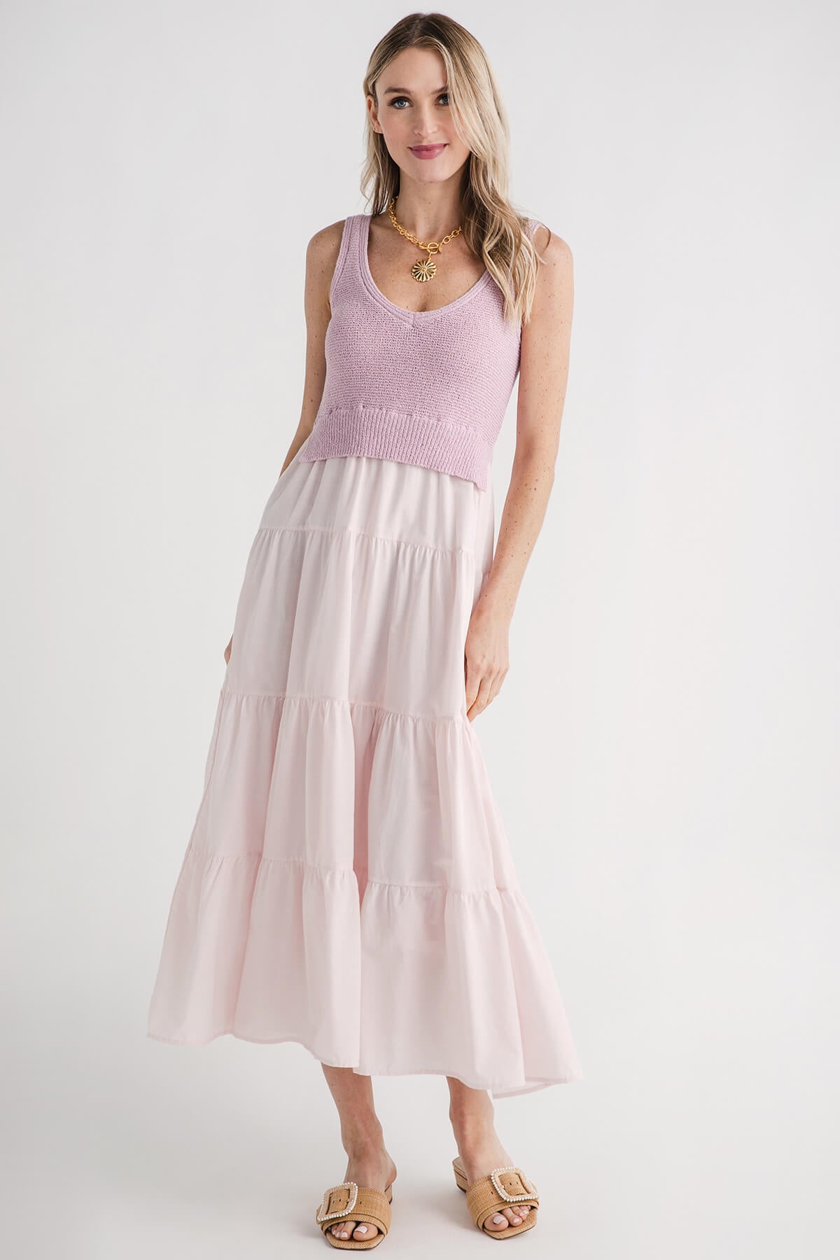 Lilac knit sleeveless maxi dress, front 3/4 view