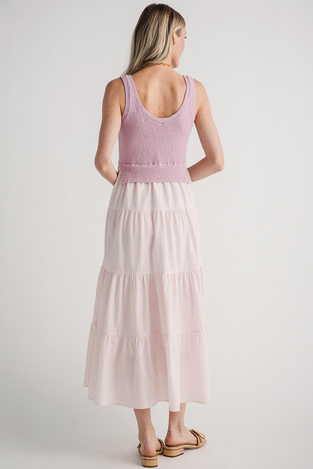 Lilac knit sleeveless maxi dress, back view with scoop back