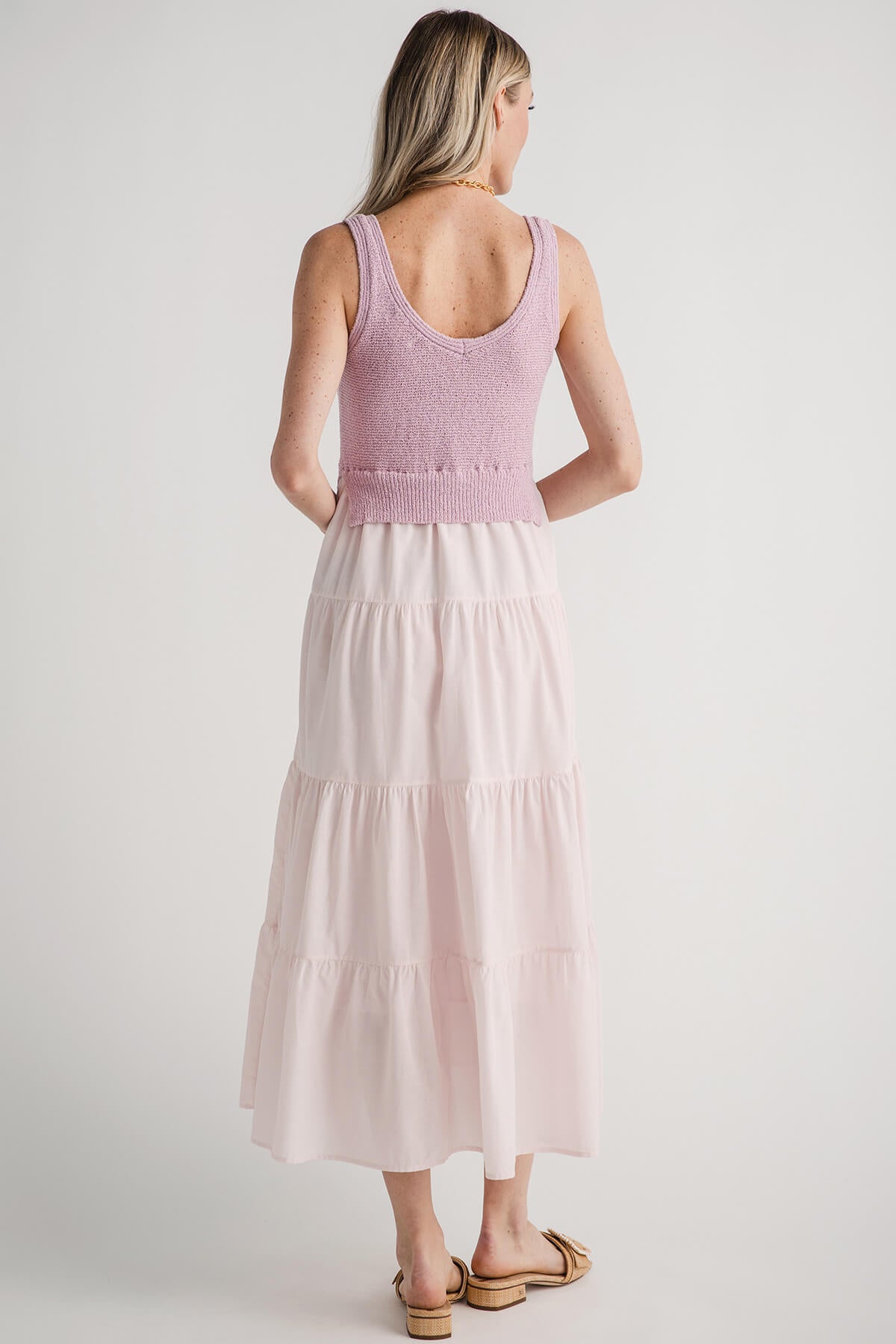 Lilac knit sleeveless maxi dress, back view with scoop back