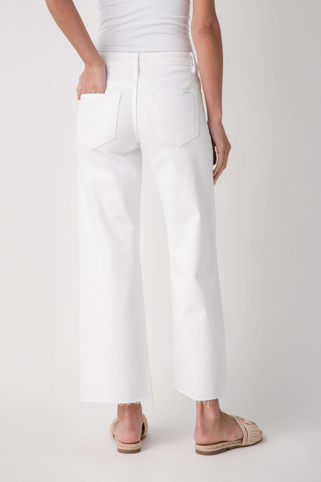 White mid-rise straight jeans, rear view with raw ankle hem and pockets