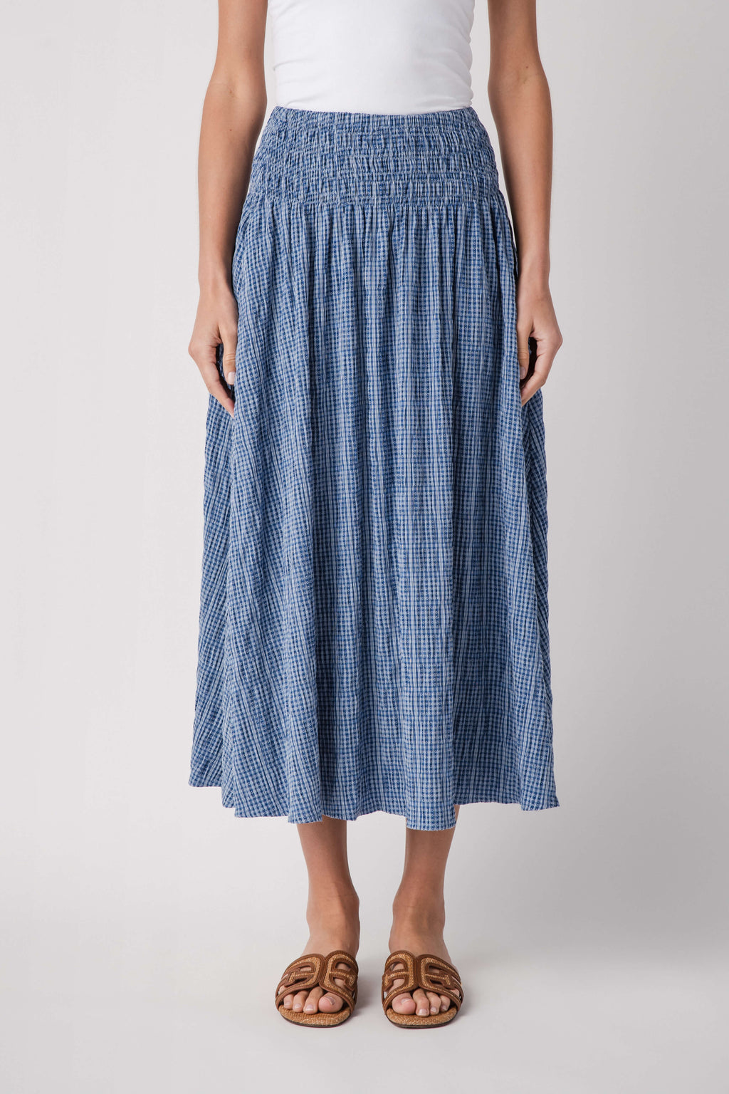 Raisonnel gingham maxi skirt in blue check, gathered elastic waist, full midi-maxi length.