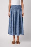 Raisonnel gingham maxi skirt in blue check, gathered elastic waist, full midi-maxi length.