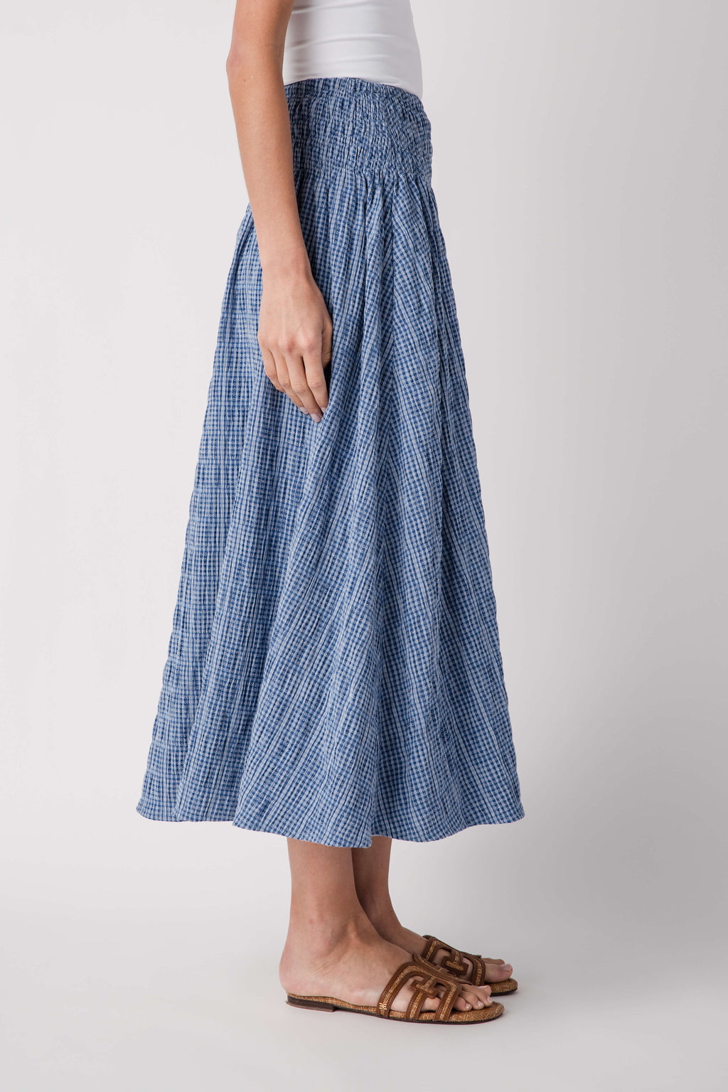 Raisonnel gingham maxi skirt, blue check pattern, elastic waistband, A-line gathered skirt.