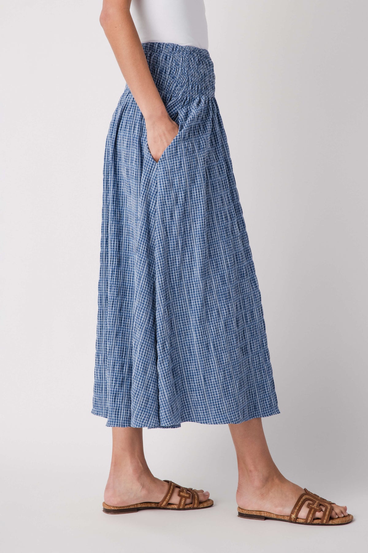 Raisonnel gingham maxi skirt in blue check, gathered pleats, elastic waistband detail.